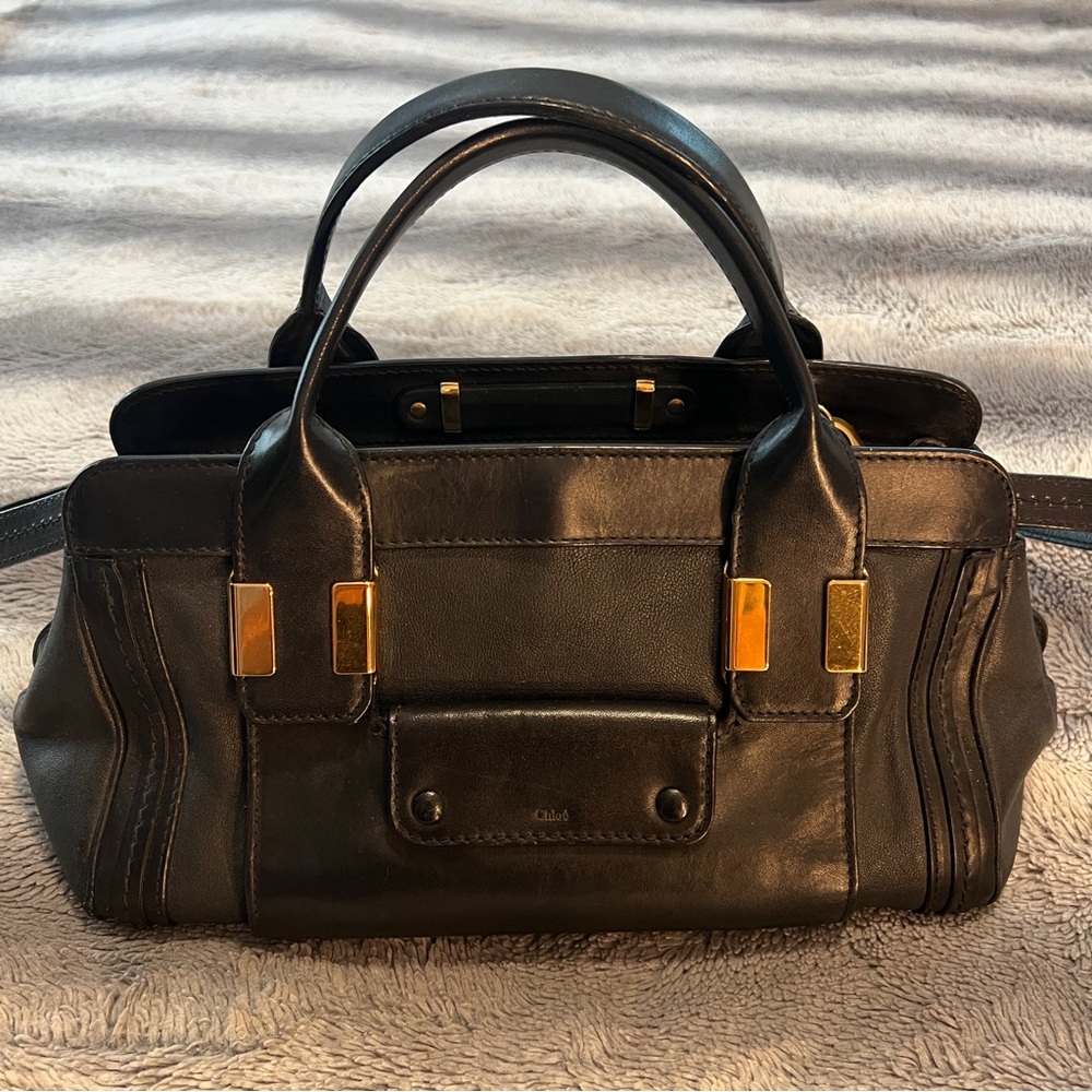 Chloe Alice Black Leather Satchel with Gold Accents, buttery soft 100%
